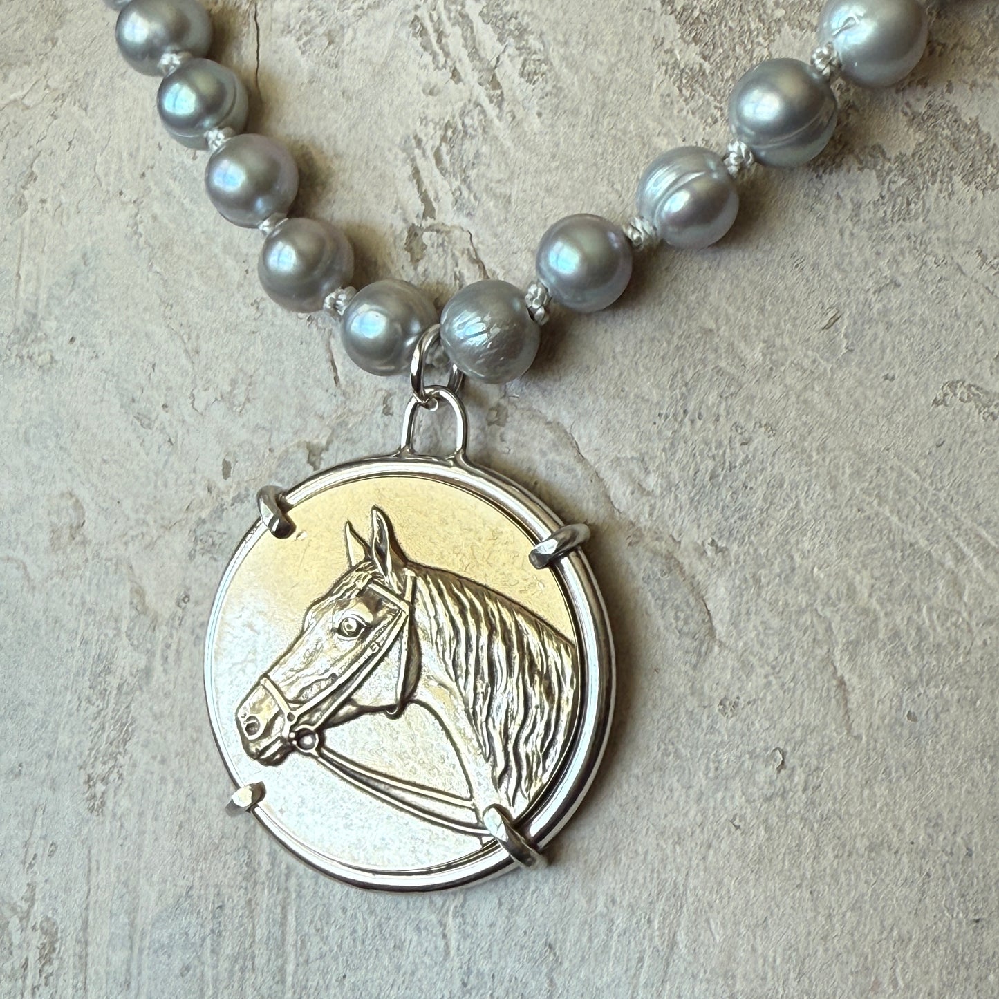 Show Horse Medal on Pearl Necklace