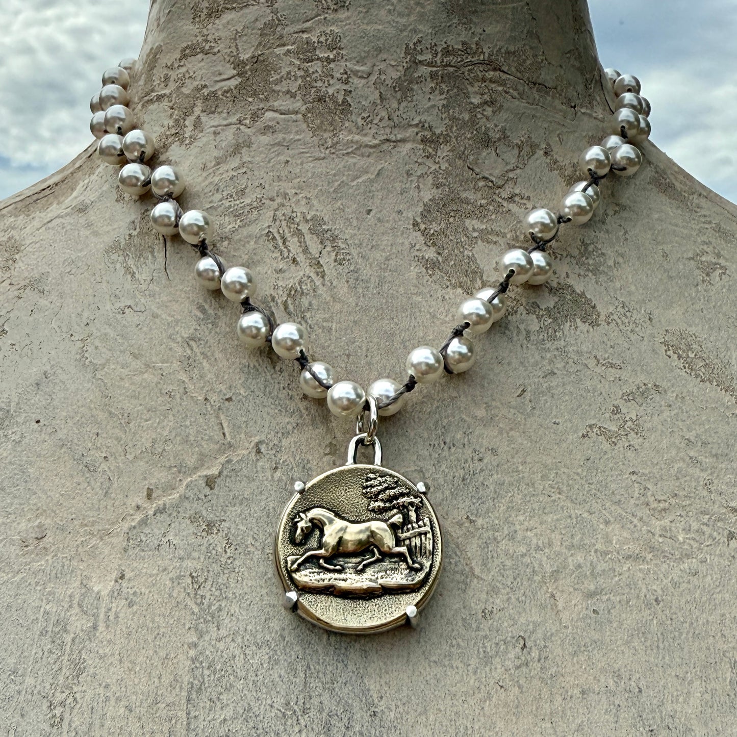 Handsome Bronze Horse Button Necklace