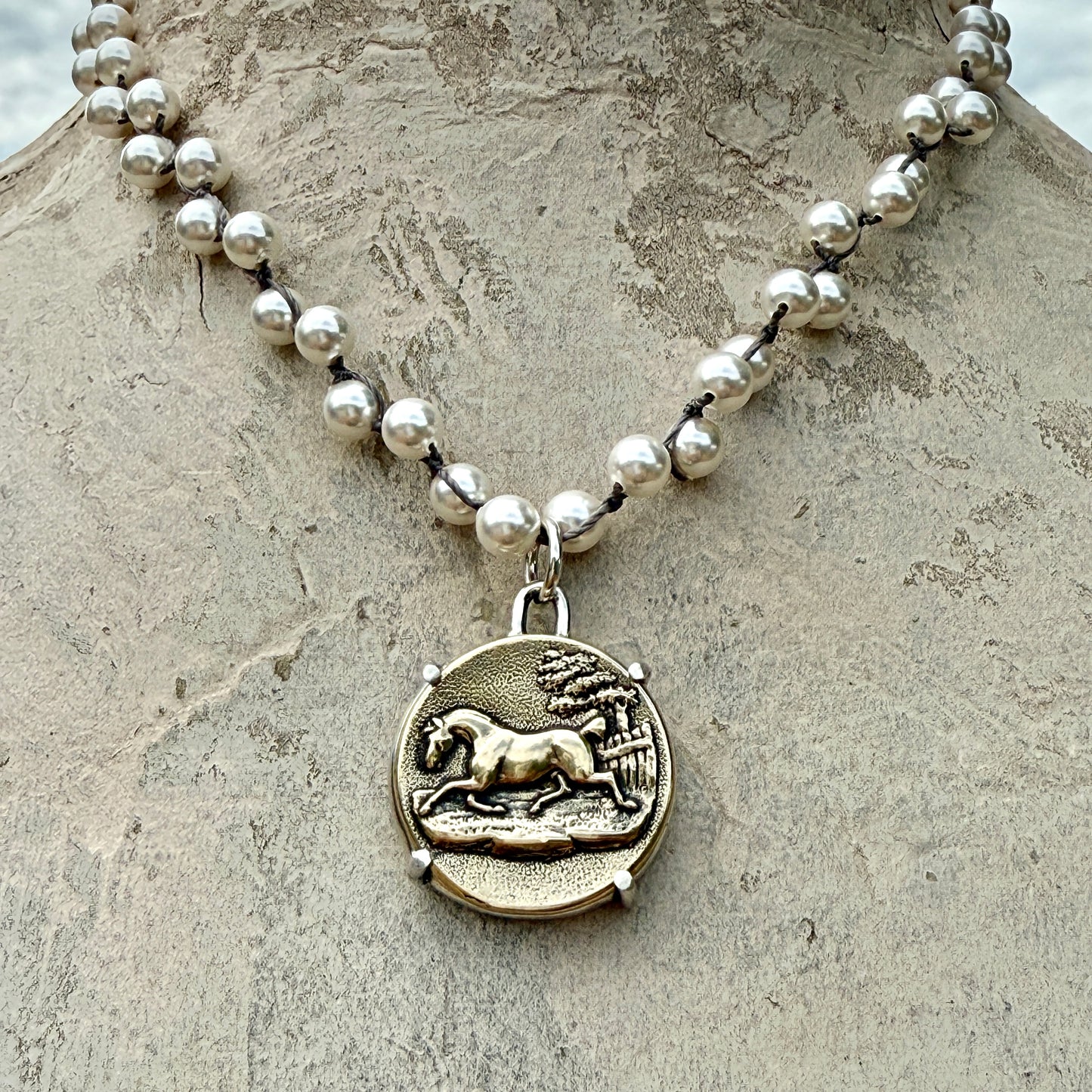 Handsome Bronze Horse Button Necklace