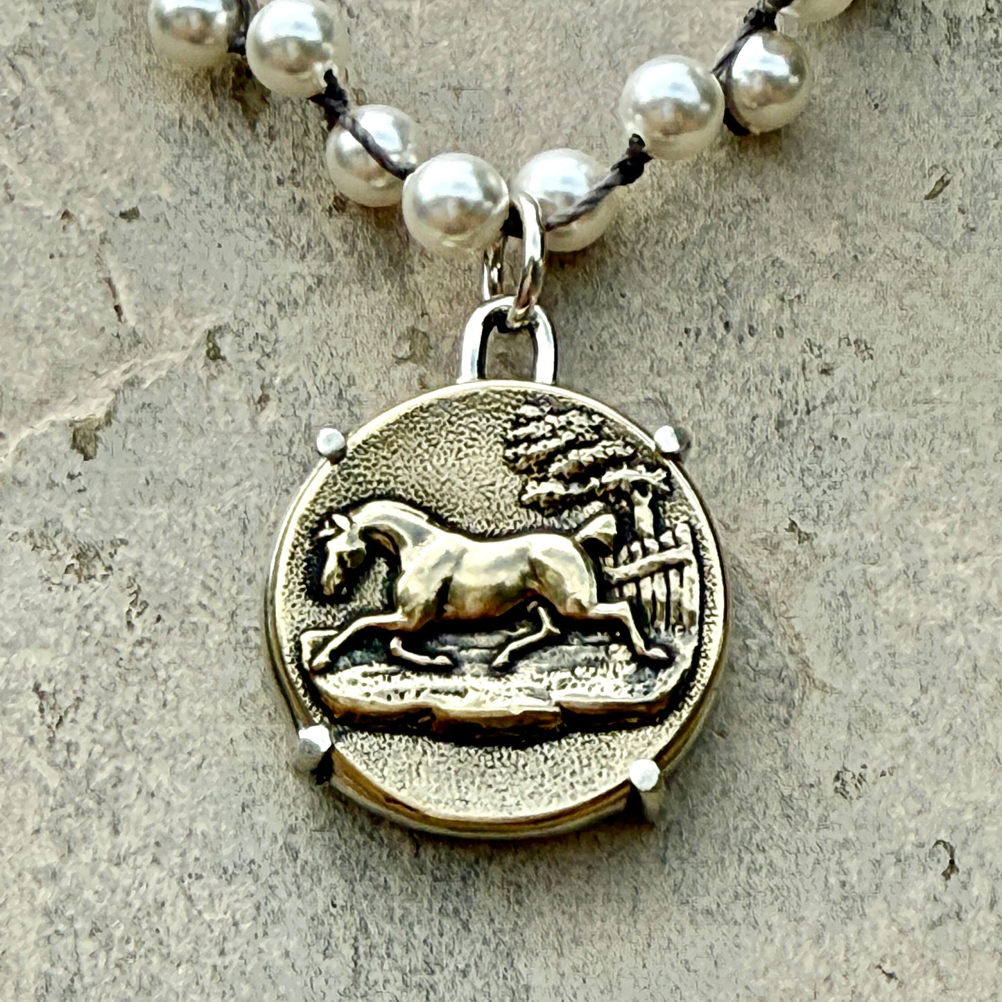 Handsome Bronze Horse Button Necklace
