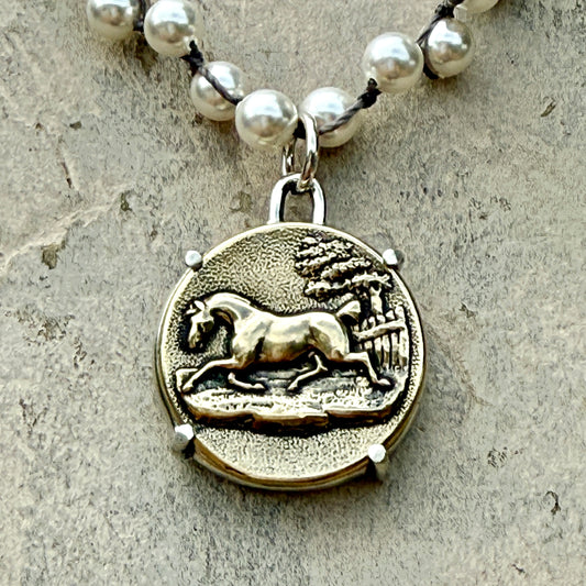 Handsome Bronze Horse Button Necklace