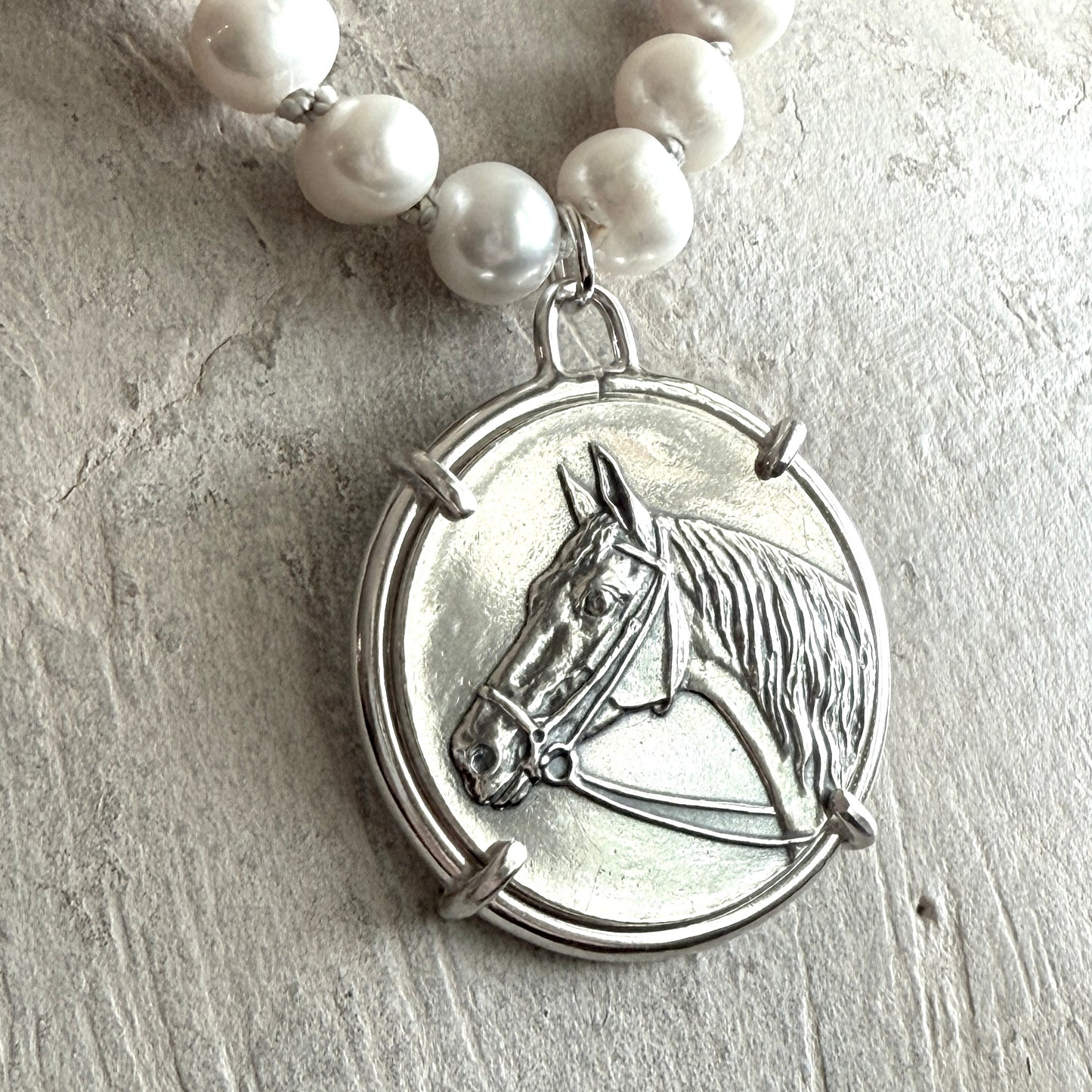 Show Horse Medal on Pearl Necklace
