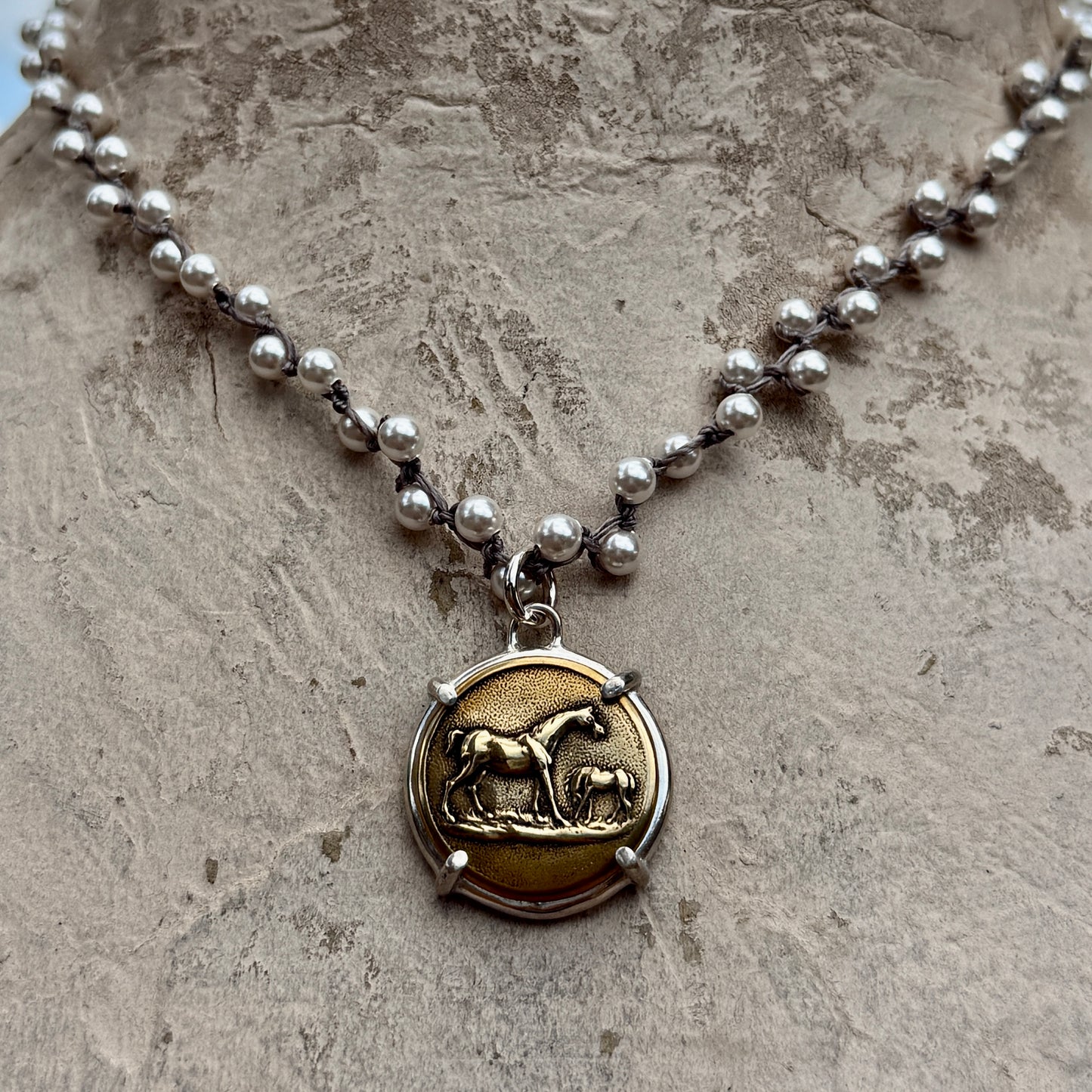 Bronze Mare and Foal Horse Necklace