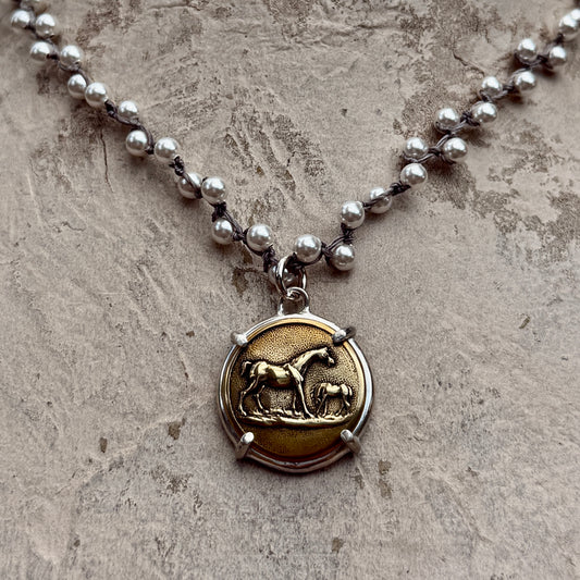 Bronze Mare and Foal Horse Necklace