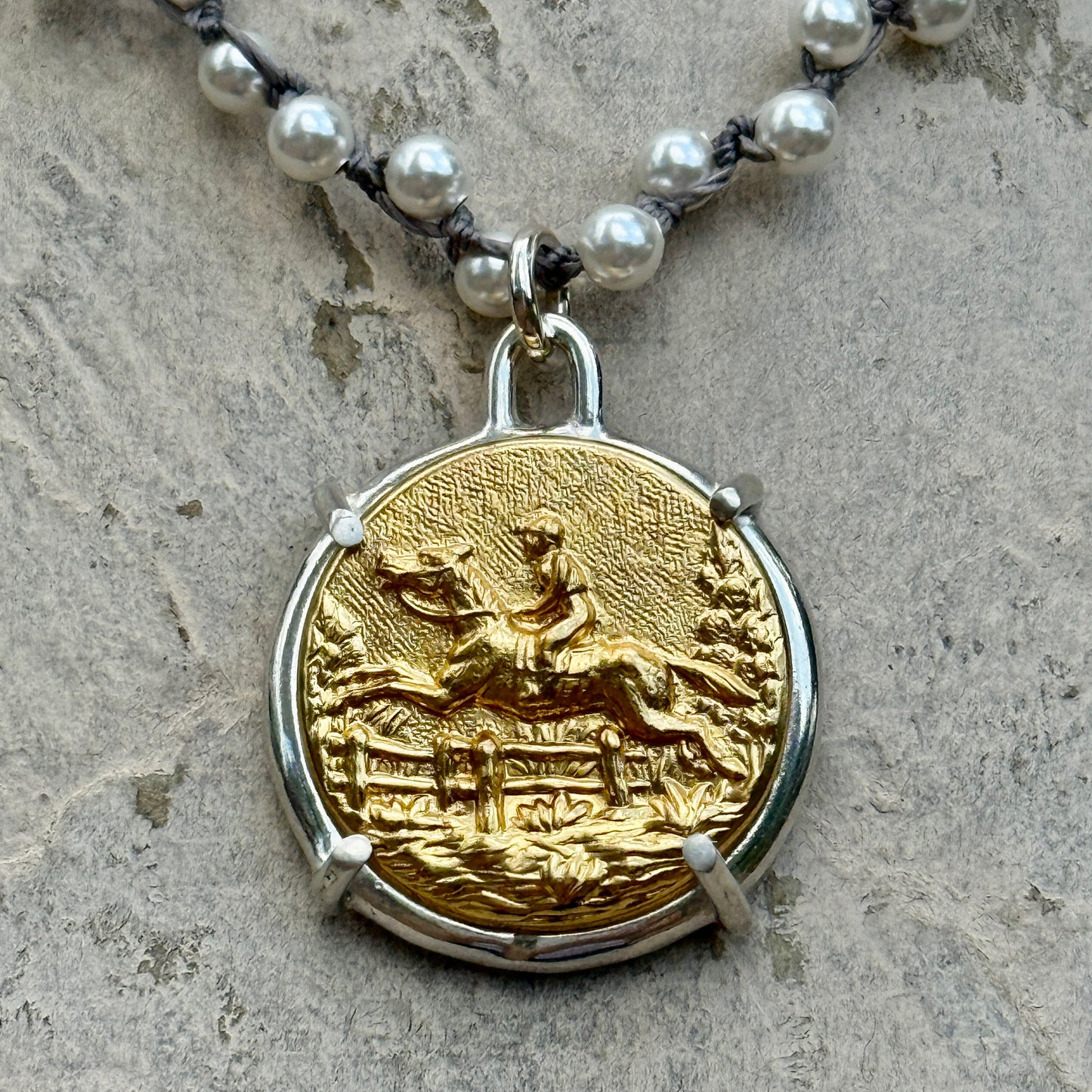 Lovely Bright Brass Galloping Horse Button Necklace