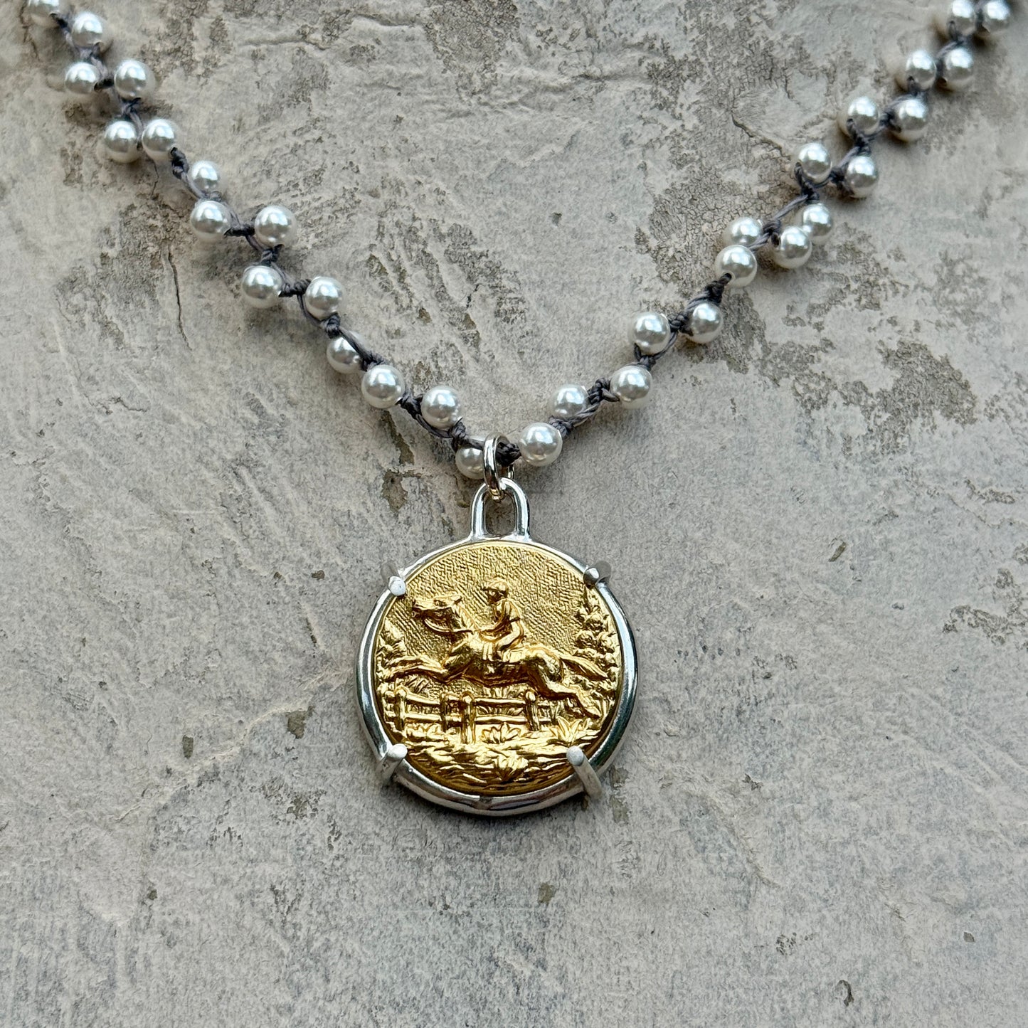 Lovely Bright Brass Galloping Horse Button Necklace