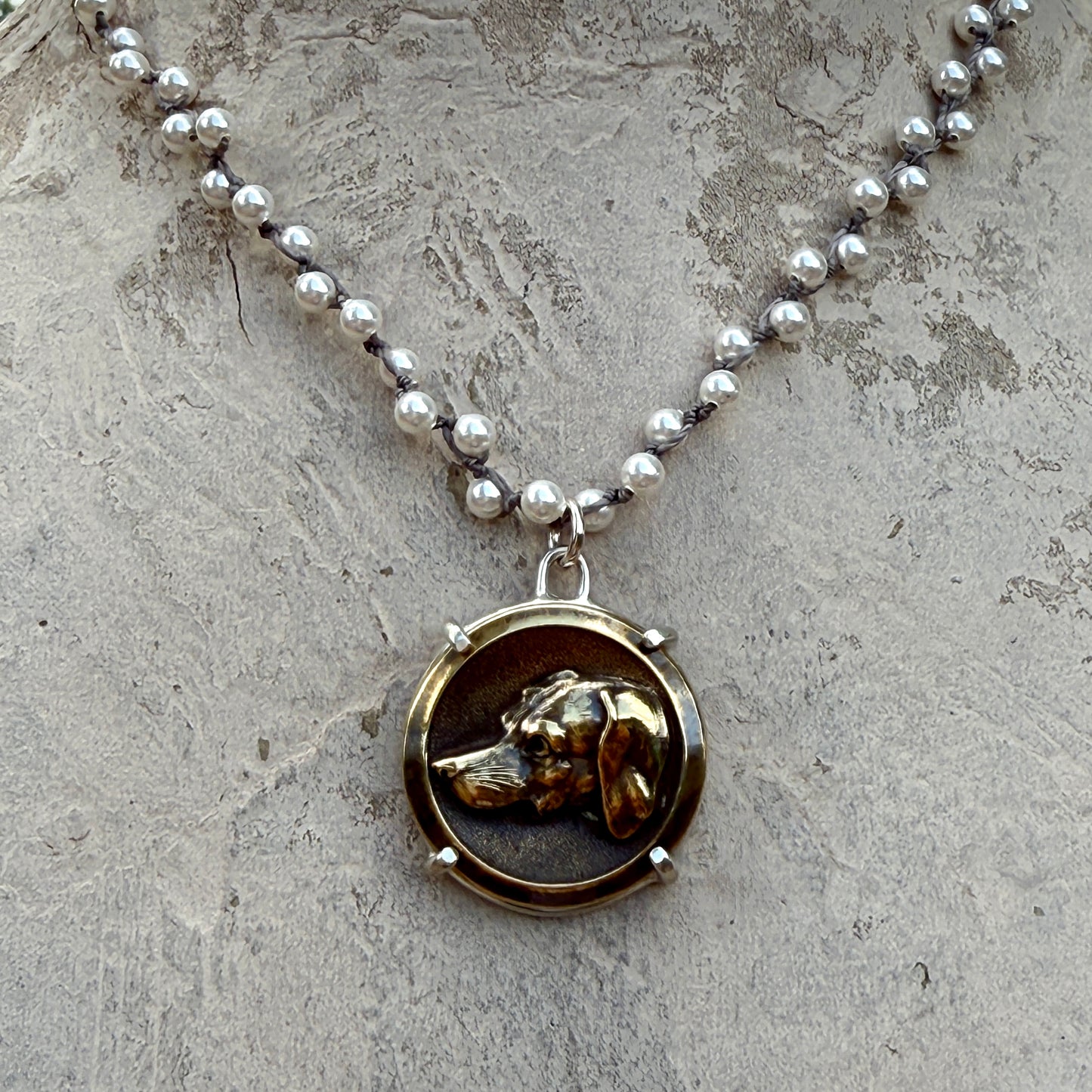 Handsome Antique Bronze Dog Button Necklace