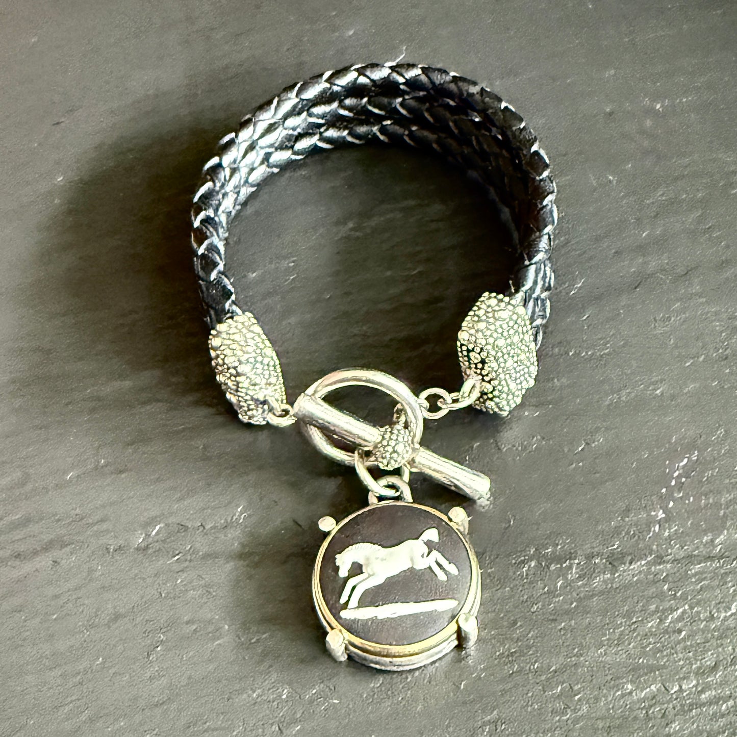 Braided Leather Wedgewood Horse Bracelet
