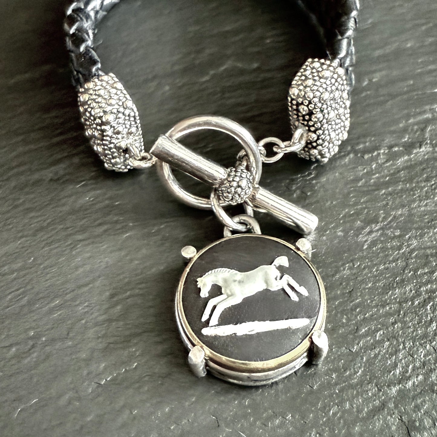 Braided Leather Wedgewood Horse Bracelet