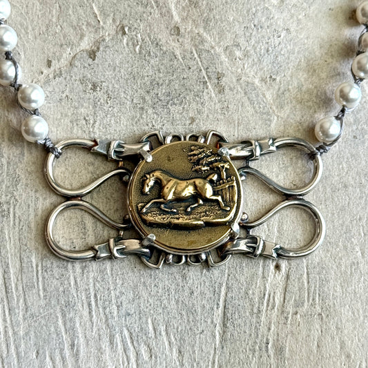 Beautiful Bronze and Silver Brooch Horse Necklace