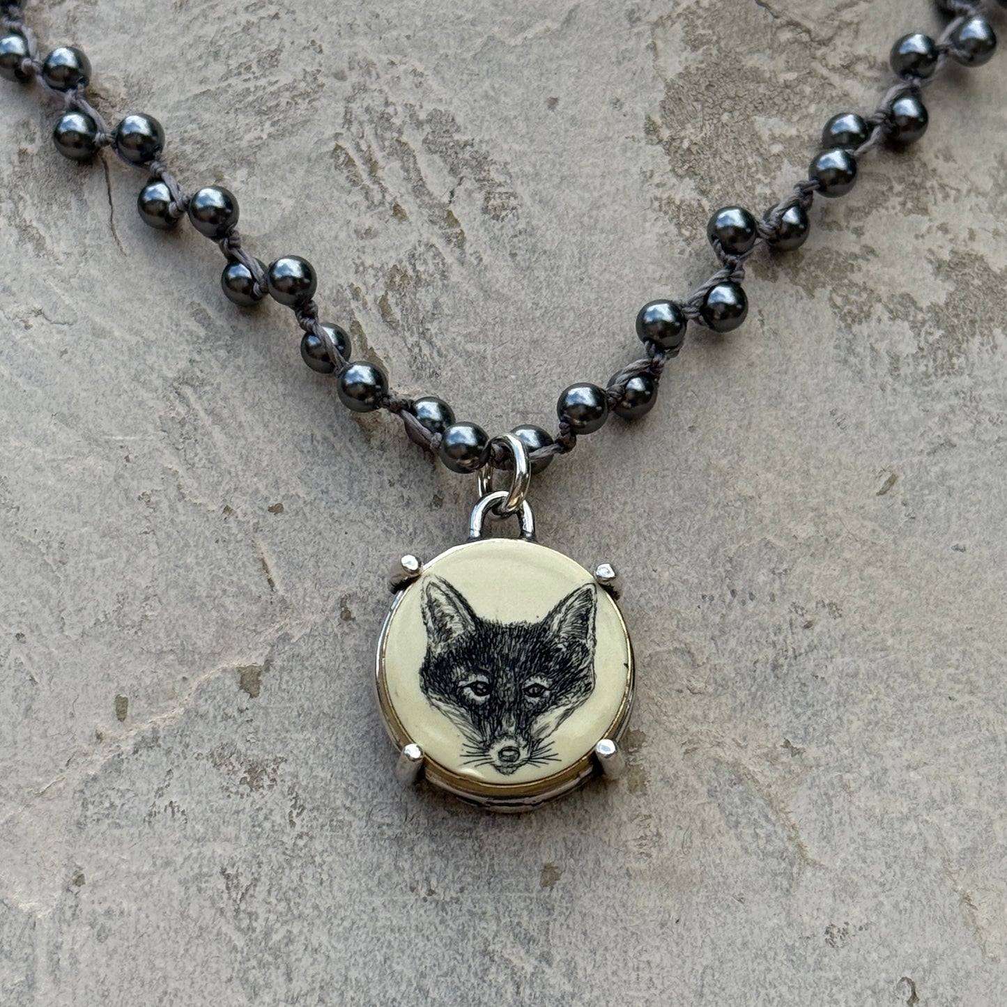 Lovely Scrimshaw Fox Mask Necklace