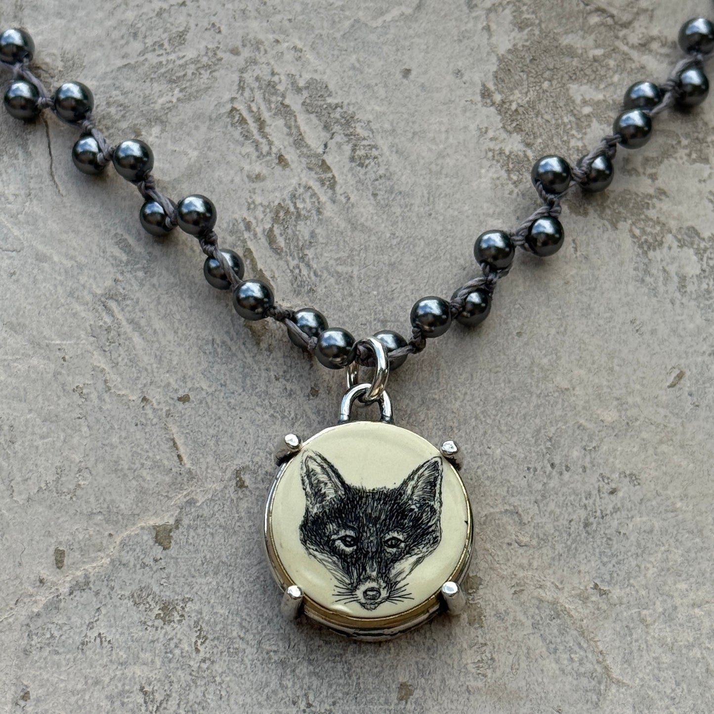 Lovely Scrimshaw Fox Mask Necklace