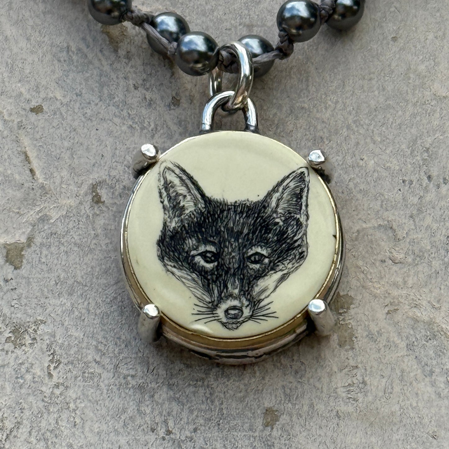 Lovely Scrimshaw Fox Mask Necklace