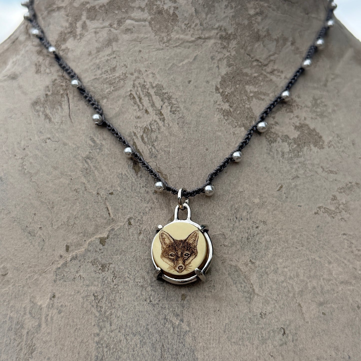 Little Lovely Sepia Scrimshaw Fox Necklace