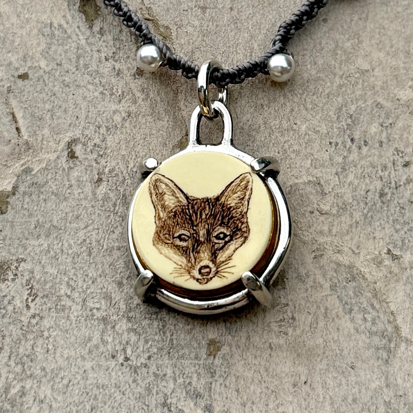 Little Lovely Sepia Scrimshaw Fox Necklace