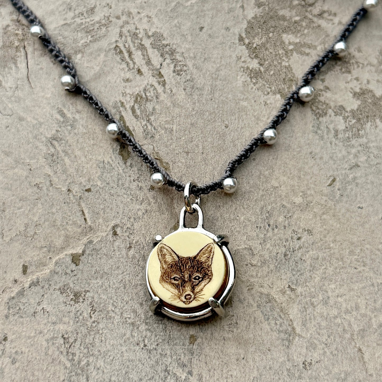 Little Lovely Sepia Scrimshaw Fox Necklace