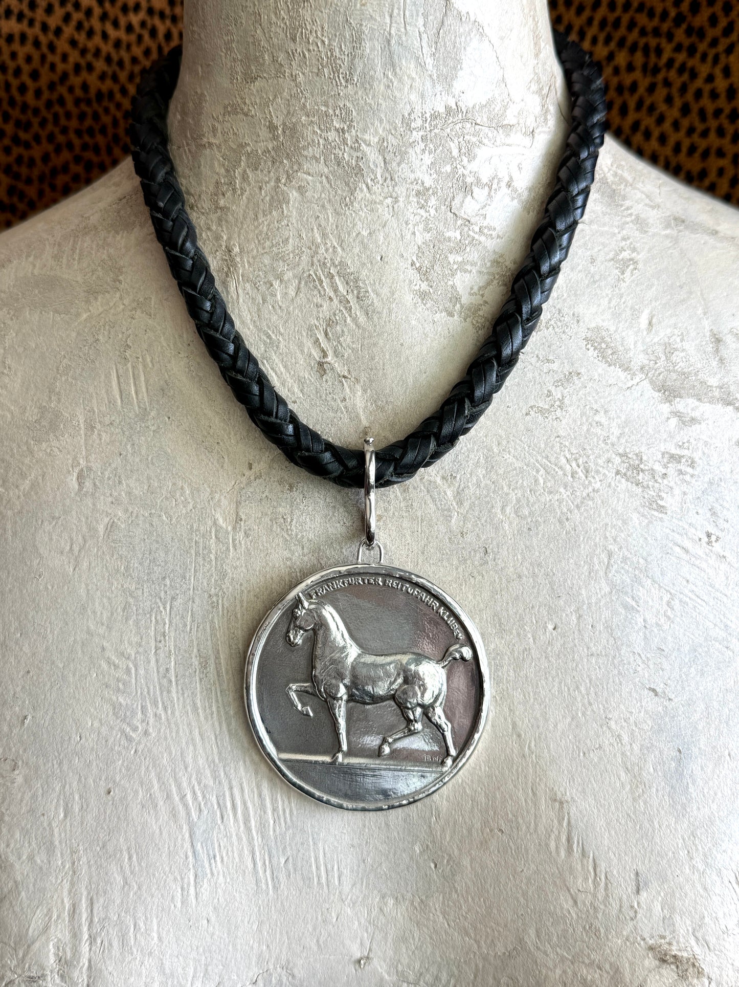 Large Frankfurt Riding School Silvered Bronze Medal on Braided Leather Horse Necklace