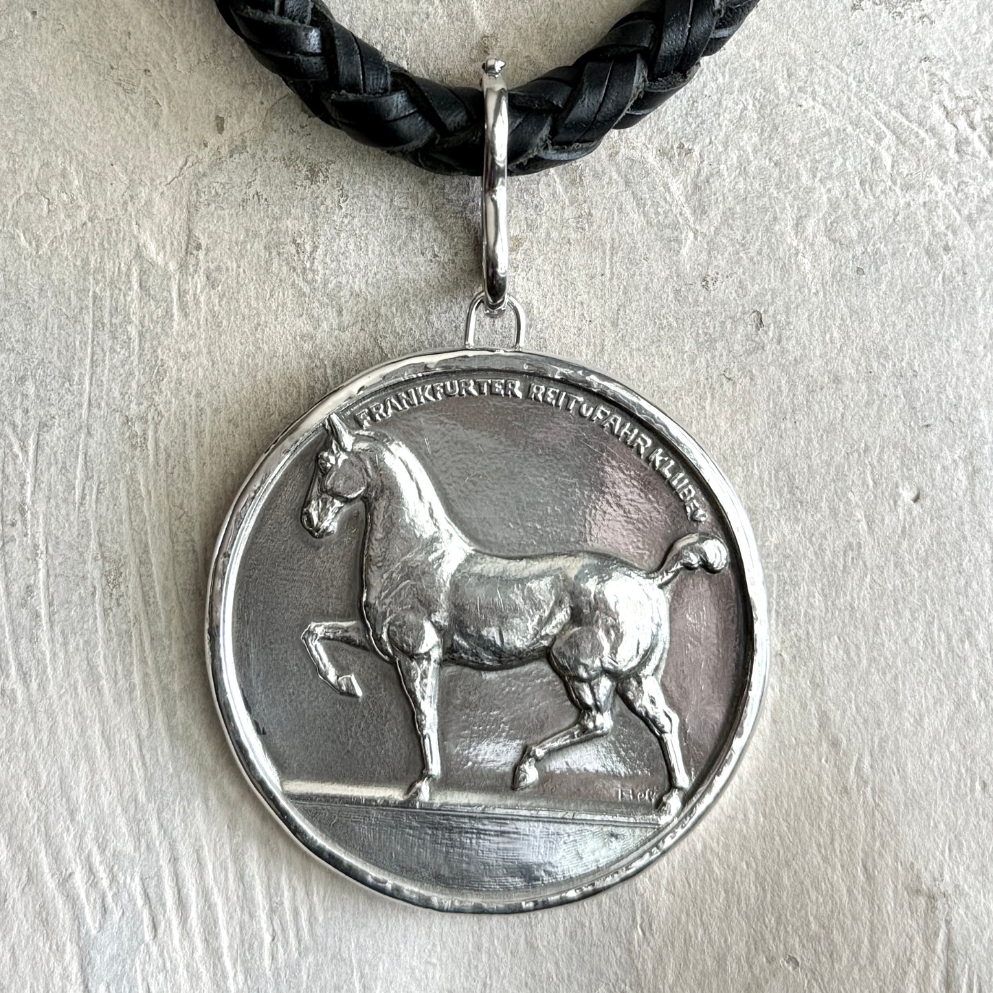 Large Frankfurt Riding School Silvered Bronze Medal on Braided Leather Horse Necklace