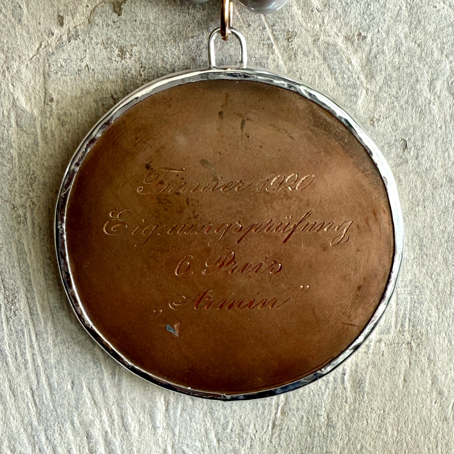 1920 Large Frankfurt Riding School Bronze Medal on Pearl Necklace