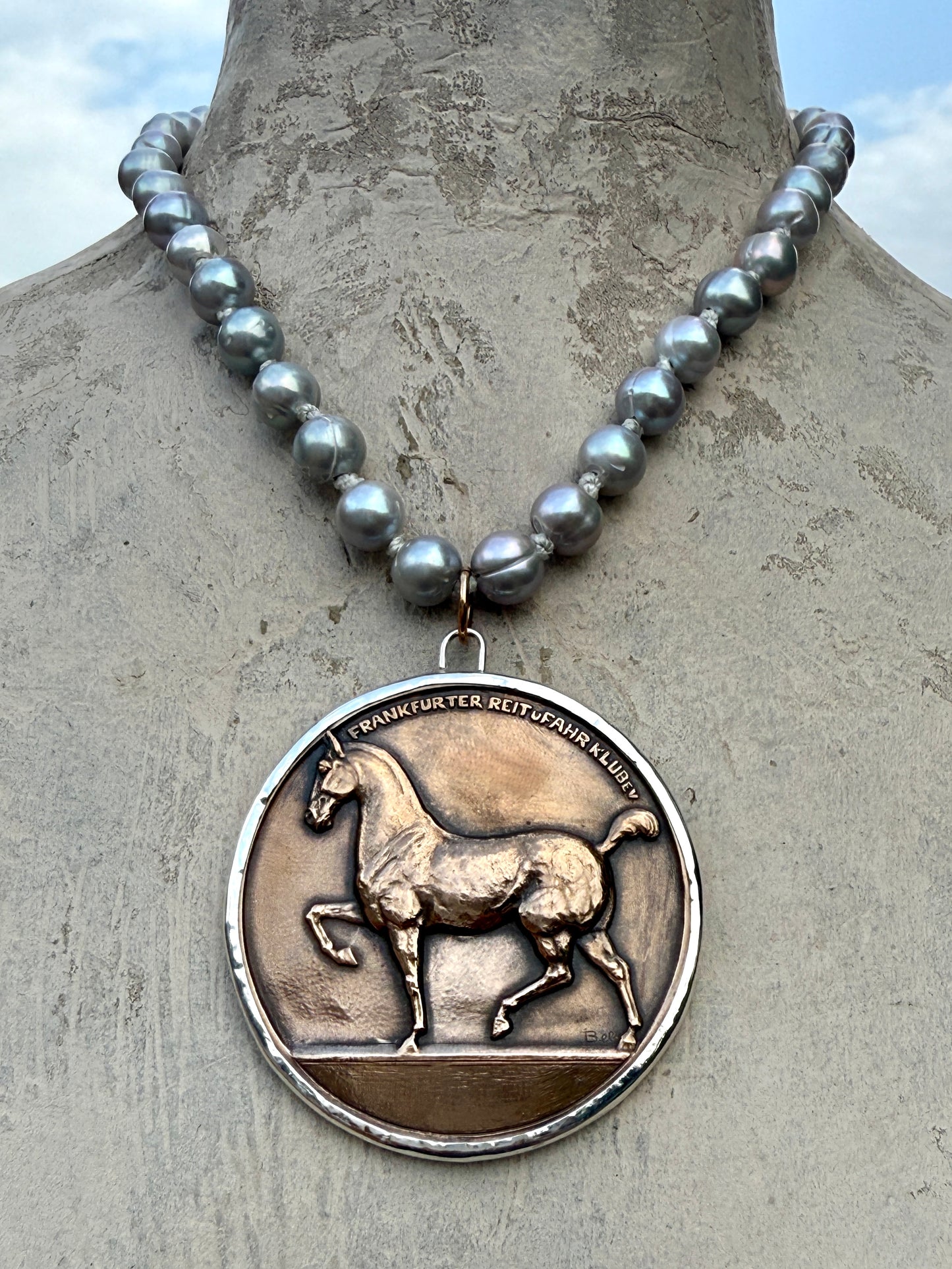 1920 Large Frankfurt Riding School Bronze Medal on Pearl Necklace