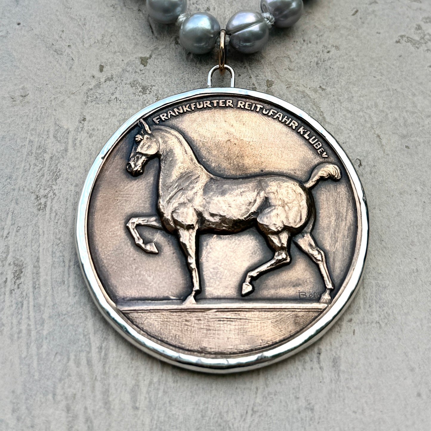 1920 Large Frankfurt Riding School Bronze Medal on Pearl Necklace