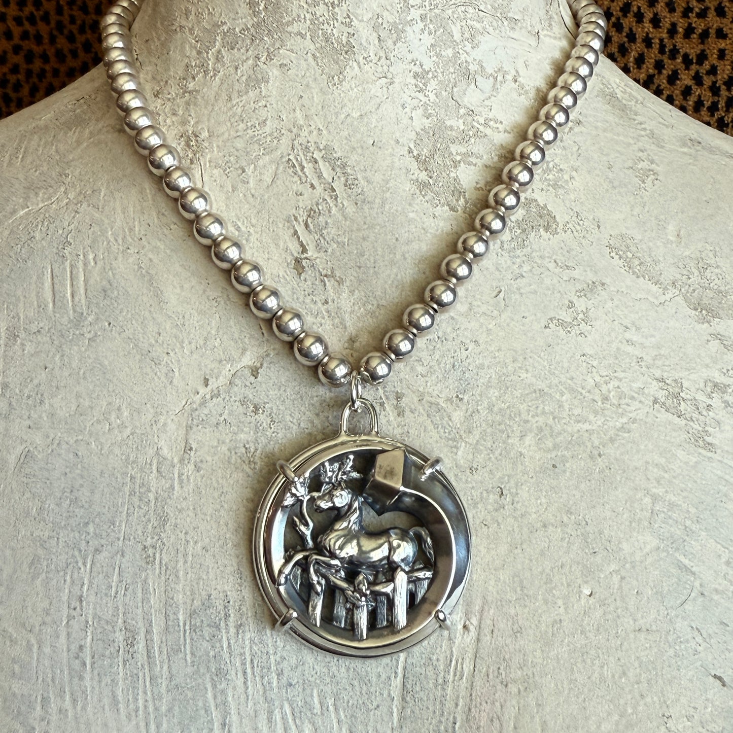 Wrapped Nail Jumping Horse Necklace on Sterling Silver Bead Necklace