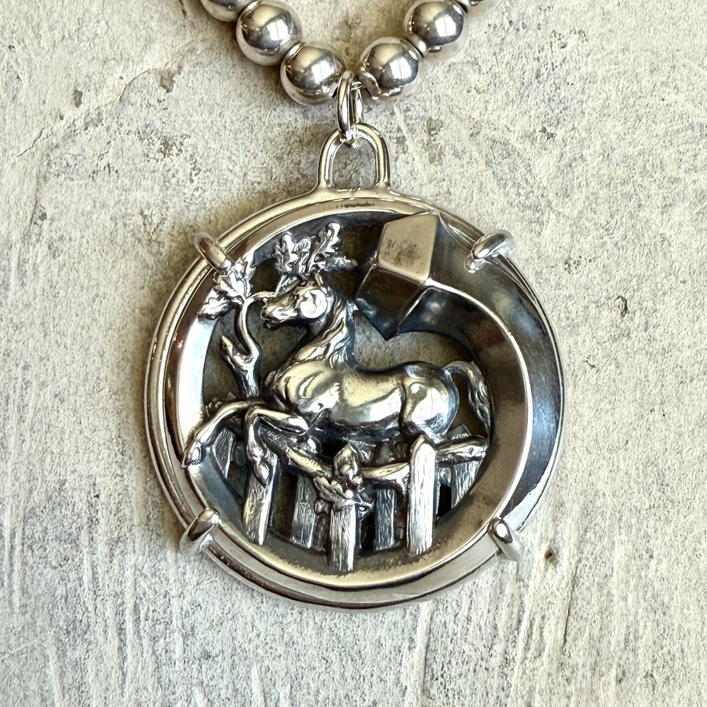 Wrapped Nail Jumping Horse Necklace on Sterling Silver Bead Necklace