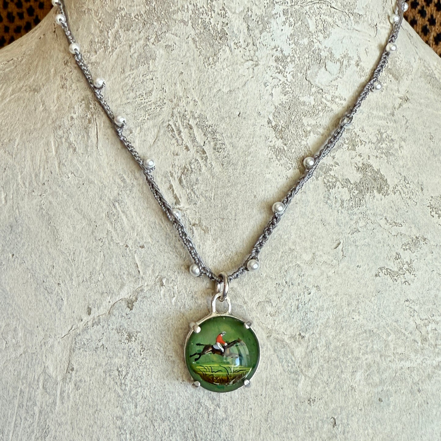 Emerald Intaglio Crystal Jumping Horse Button Necklace