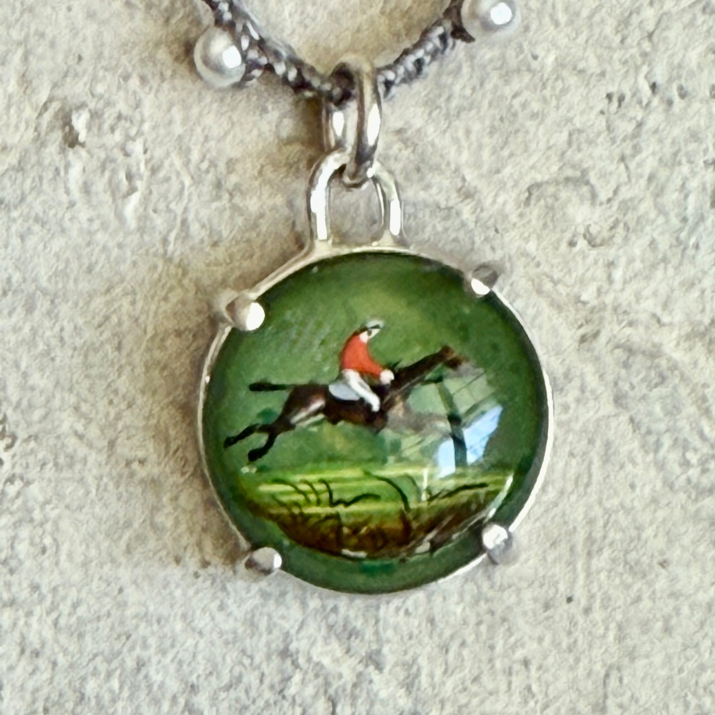 Emerald Intaglio Crystal Jumping Horse Button Necklace