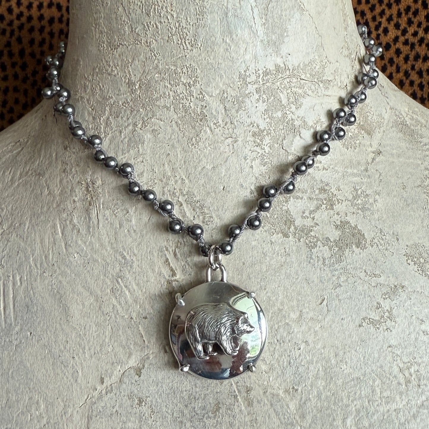 Solid Sterling Silver Bear Button Necklace