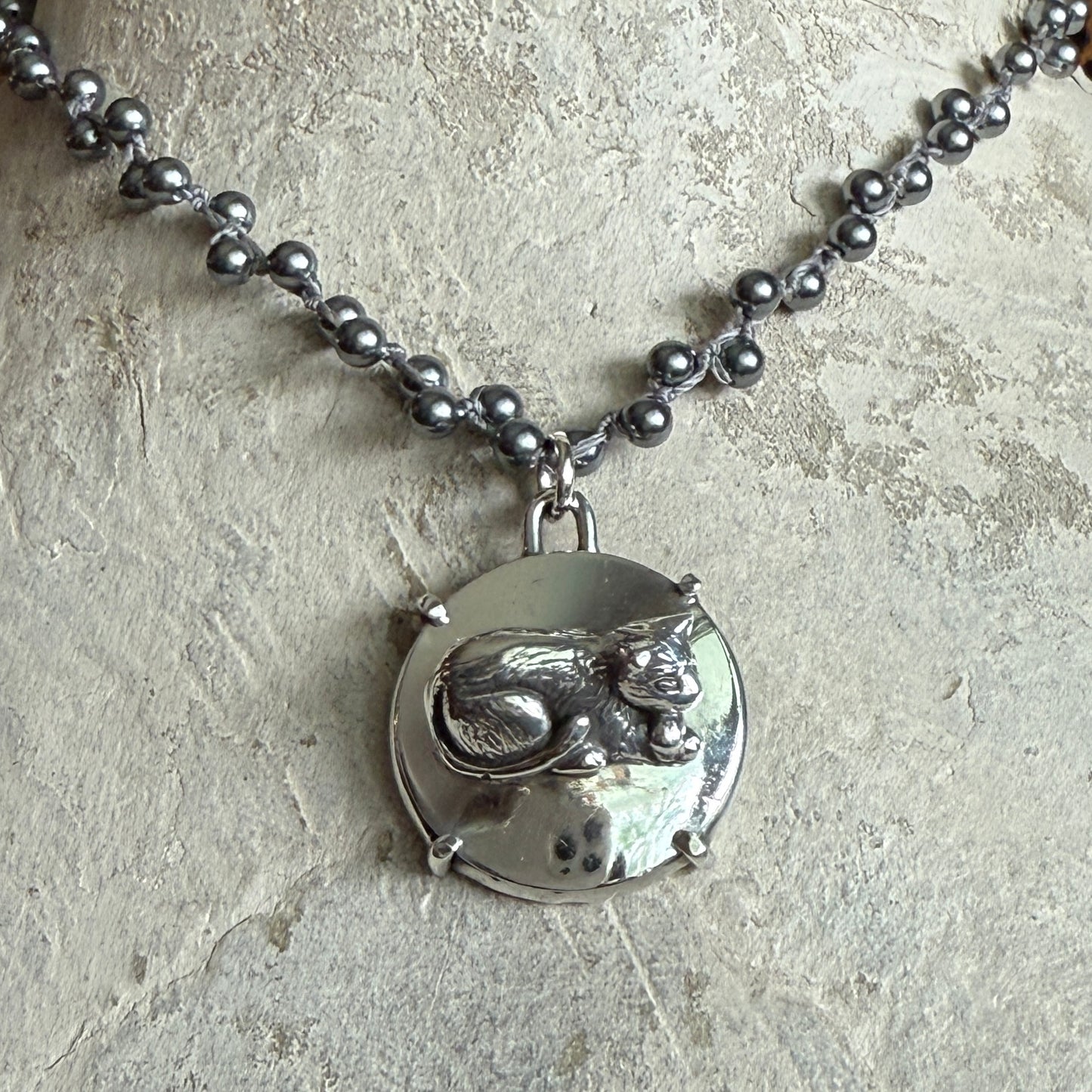 Solid Sterling Silver Cat Button Necklace
