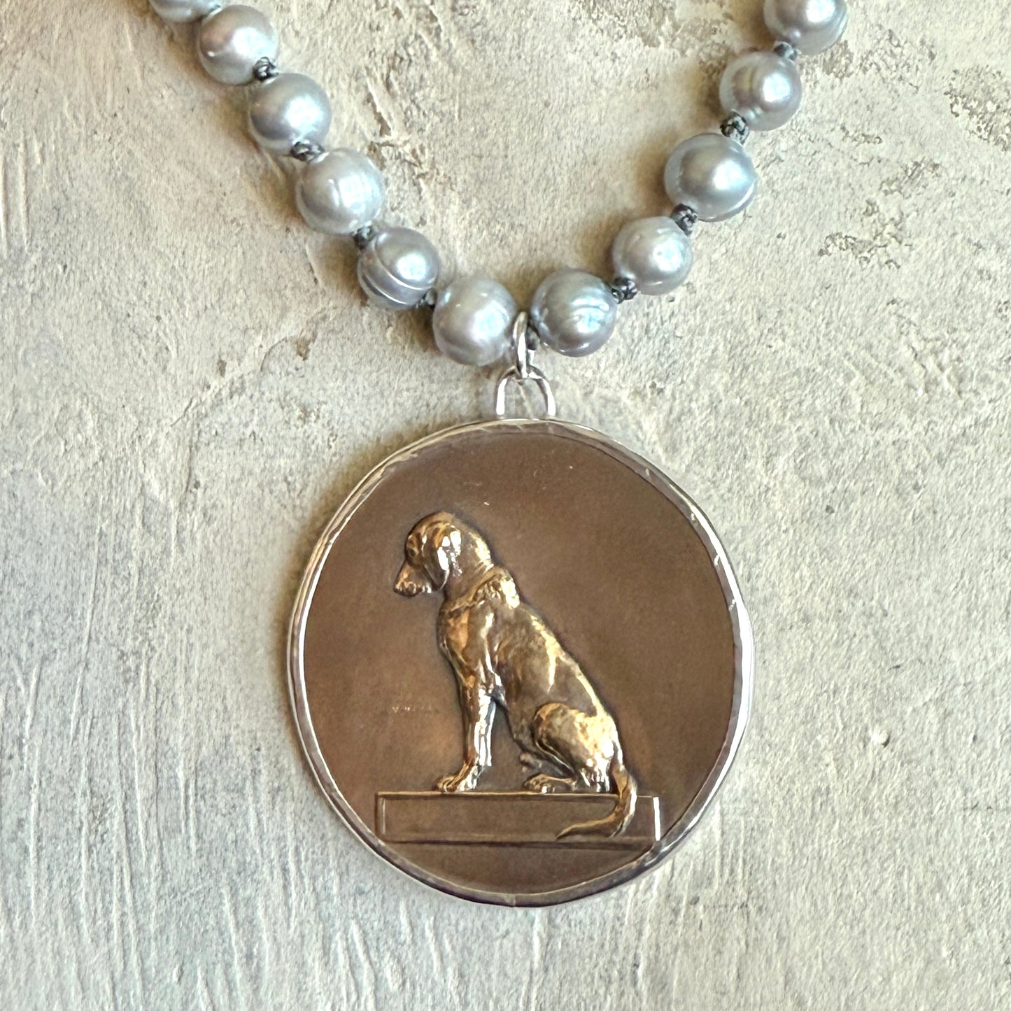 Bronze Retriever Dog Medal on Pearl Necklace