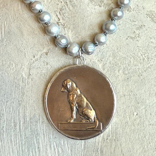 Bronze Retriever Dog Medal on Pearl Necklace
