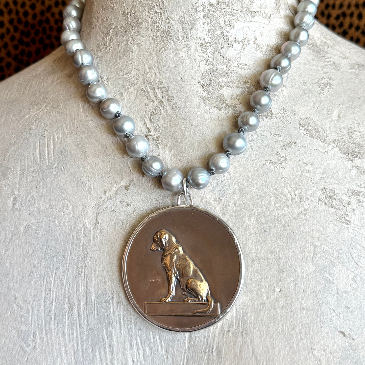 Bronze Retriever Dog Medal on Pearl Necklace