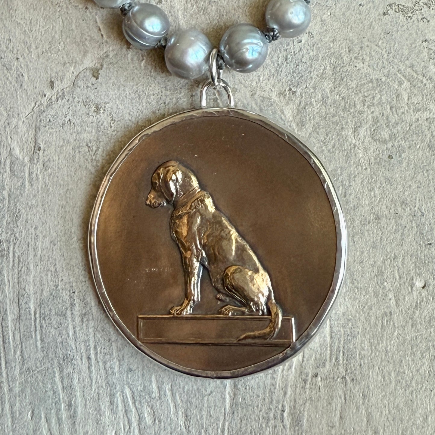 Bronze Retriever Dog Medal on Pearl Necklace