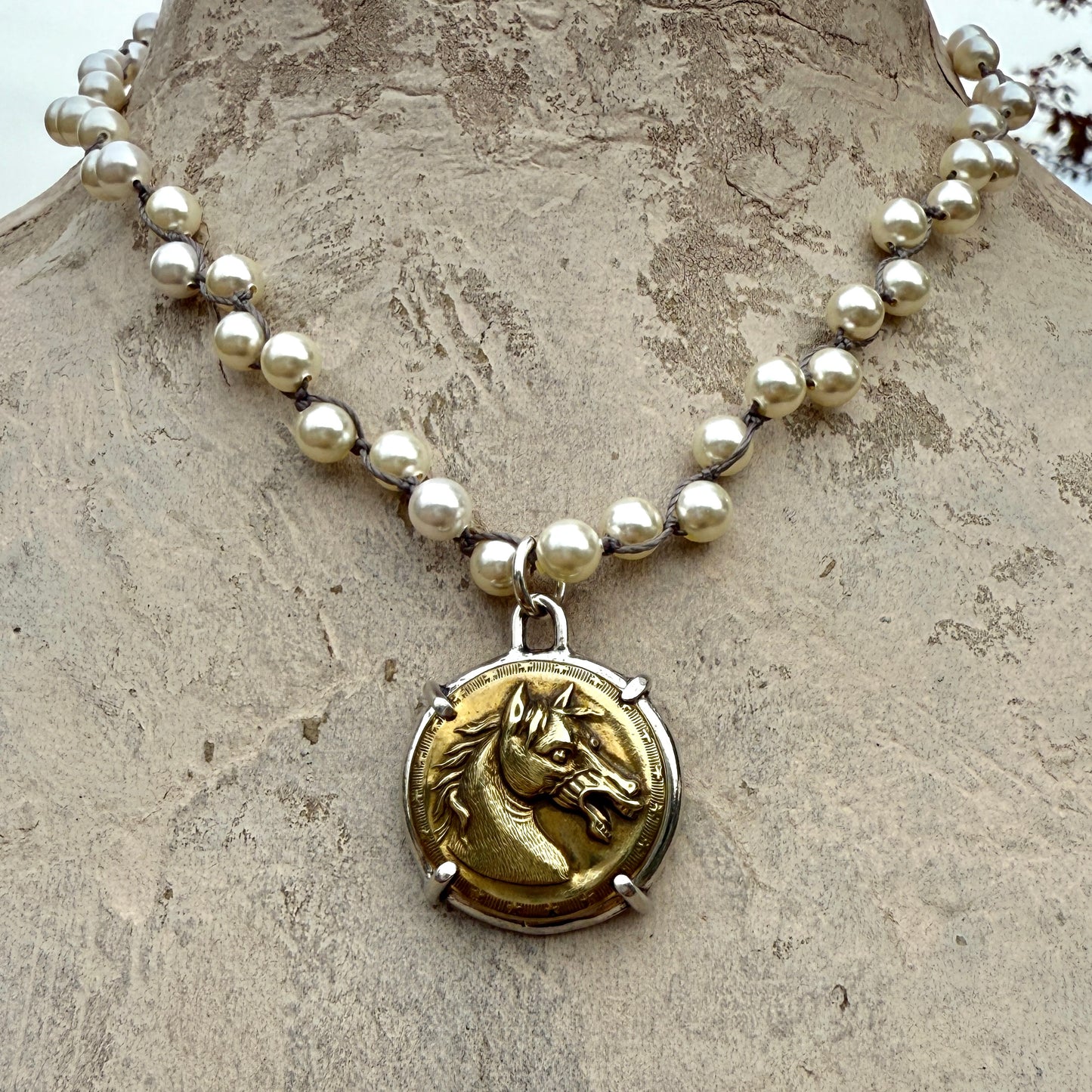 Brass Baroque Horse Button Necklace