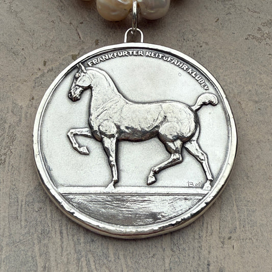 Large Frankfurt Riding School Silvered Bronze Medal on Freshwater Pearl Necklace