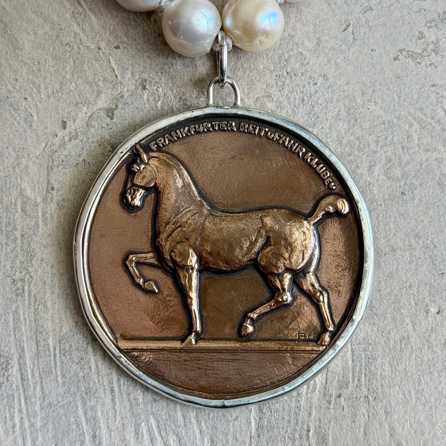 Large Frankfurt Riding School Bronze Medal on Pearl Necklace