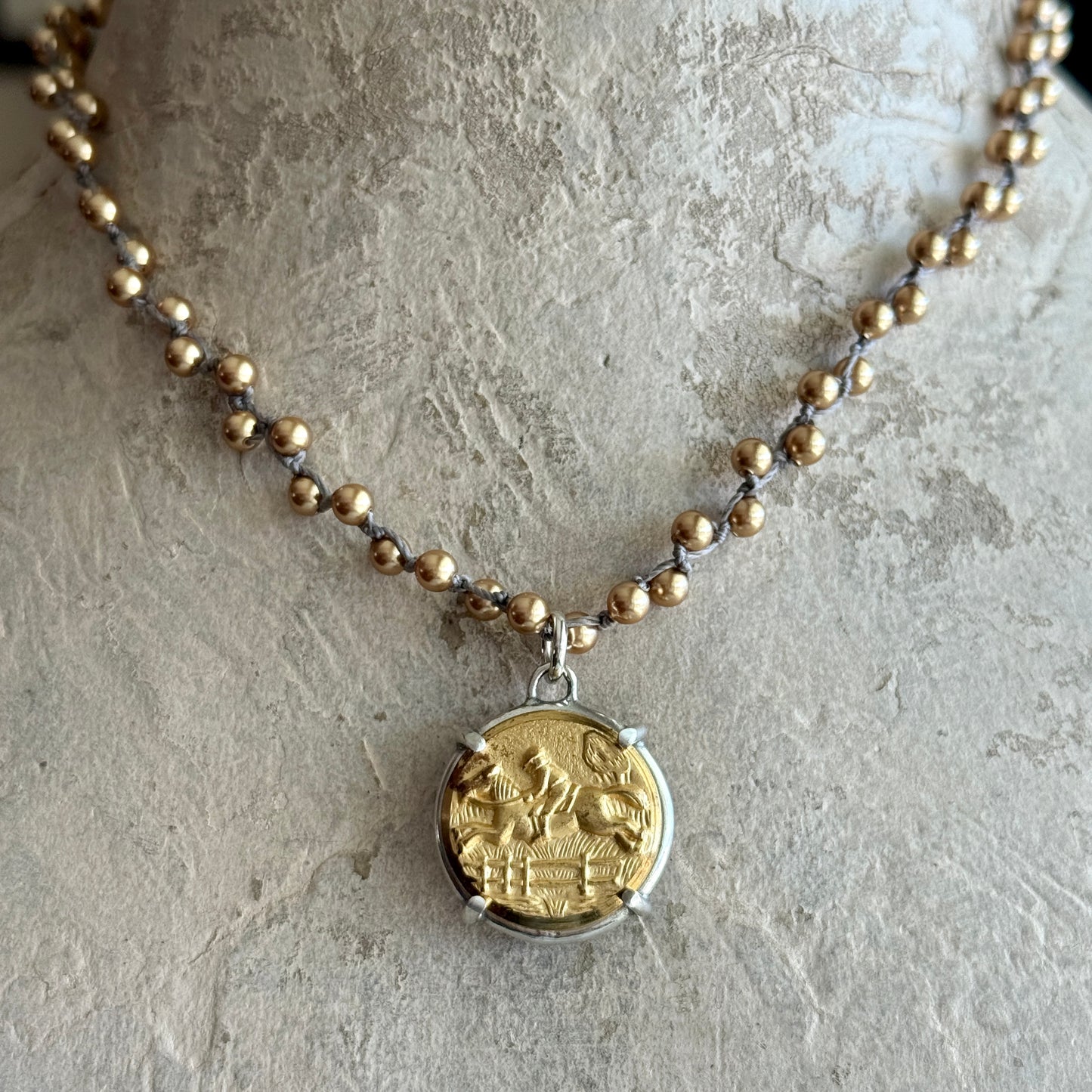 Satin Brass Horse Button Necklace