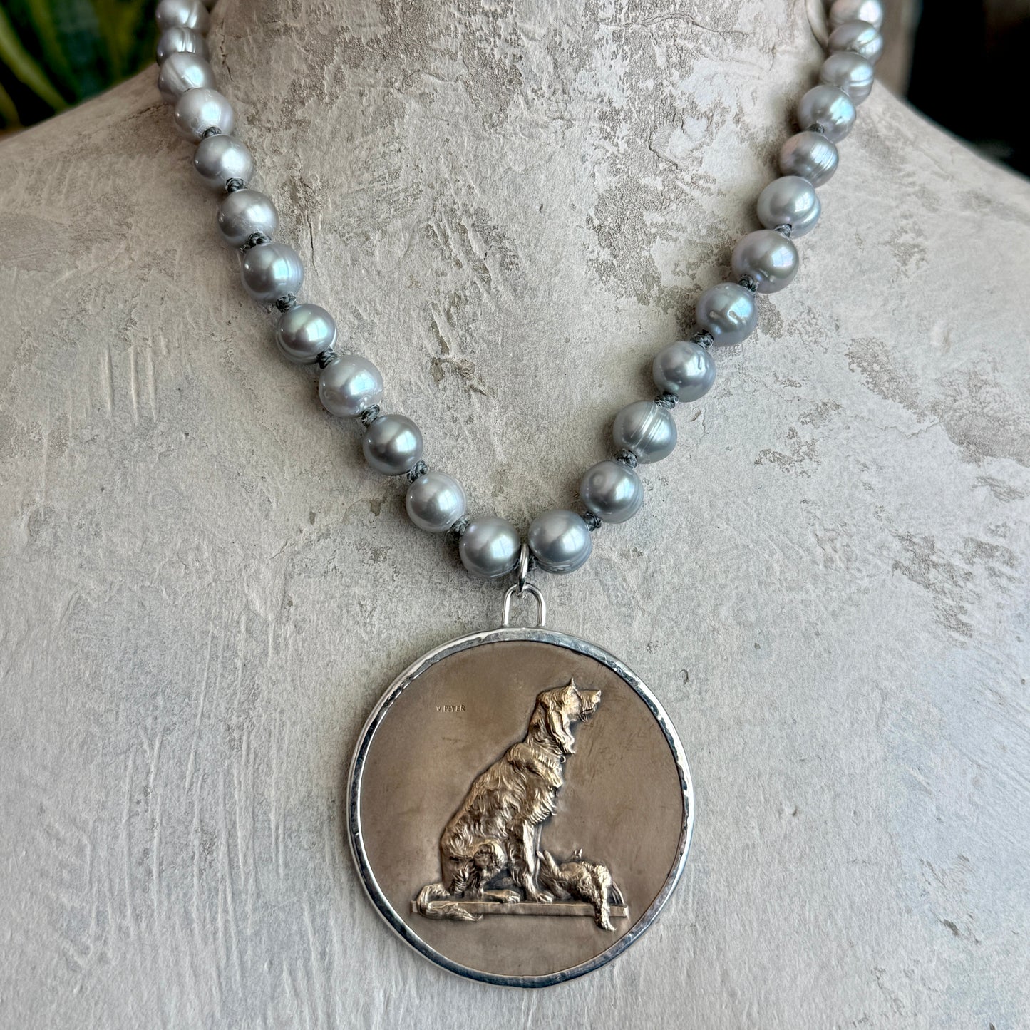 Bronze Retriever Dog Medal on Pearl Necklace