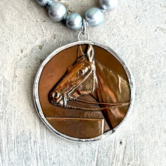 Bronze Hunter Horse Show Medal on White Pearl Necklace