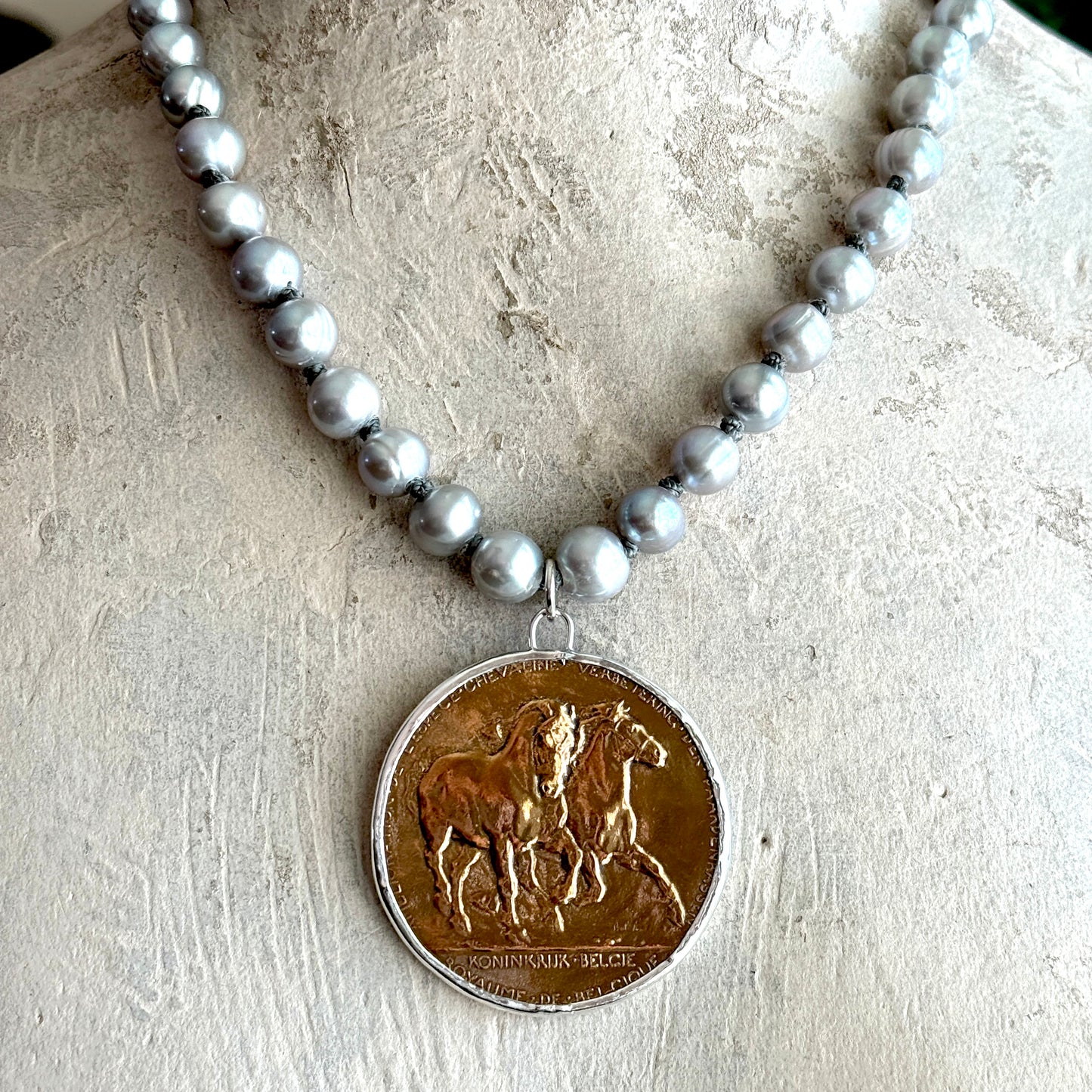 1909 Luxembourg Galloping Belgians Horse Show Medal on Pearl Necklace