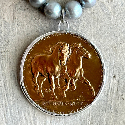 1919 Luxembourg Galloping Belgians Horse Show Medal on Pearl Necklace
