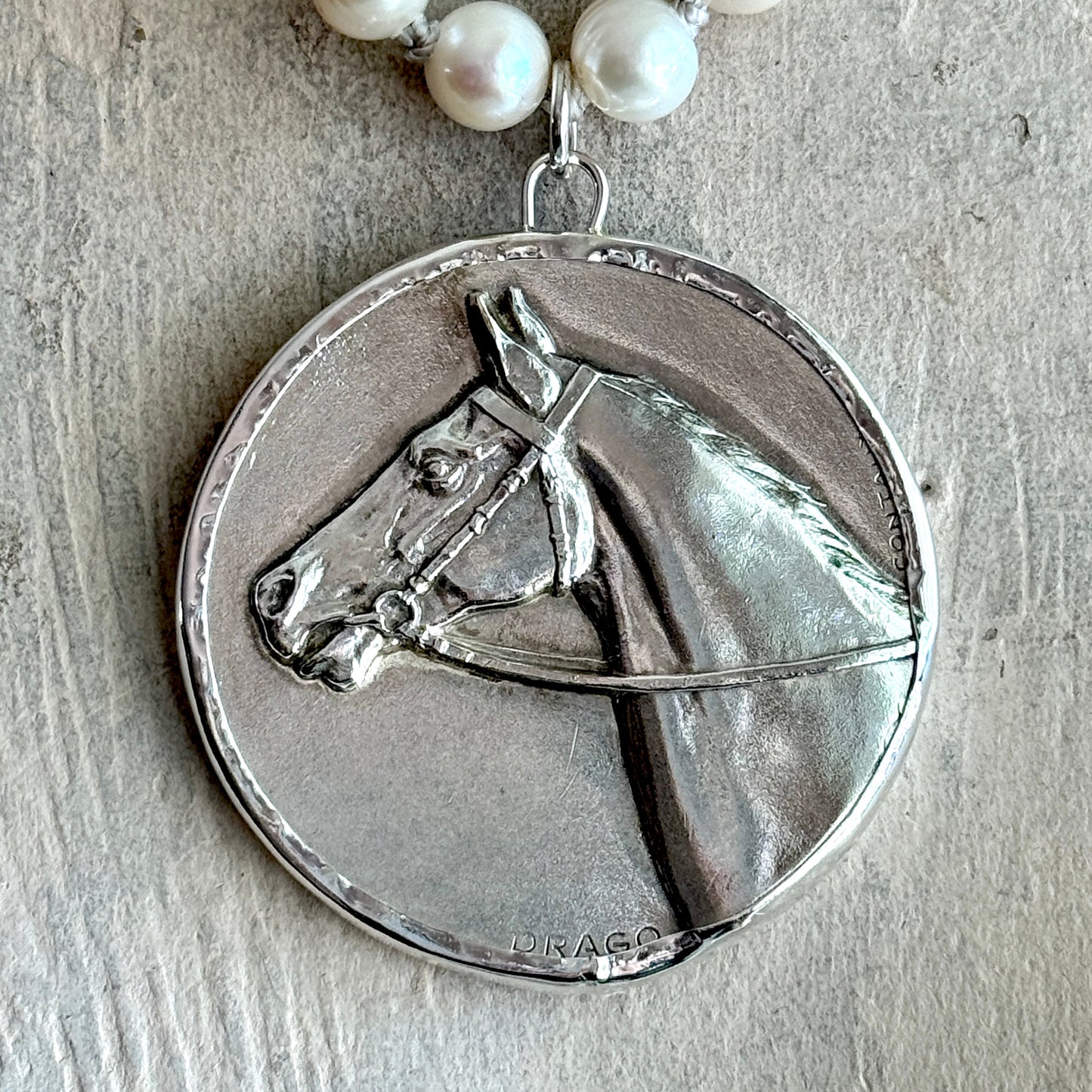 Silvered Horse Show Medal on White Pearl Necklace