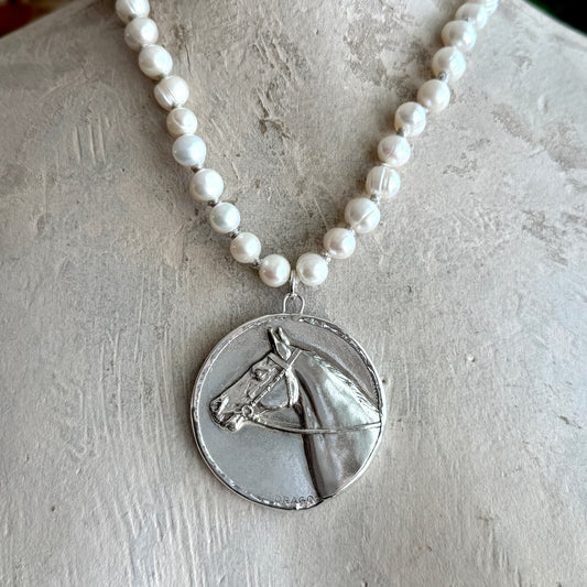 Silvered Horse Show Medal on White Pearl Necklace