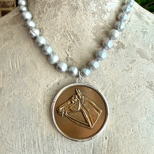 Bronze Horse Show Medal on White Pearl Necklace