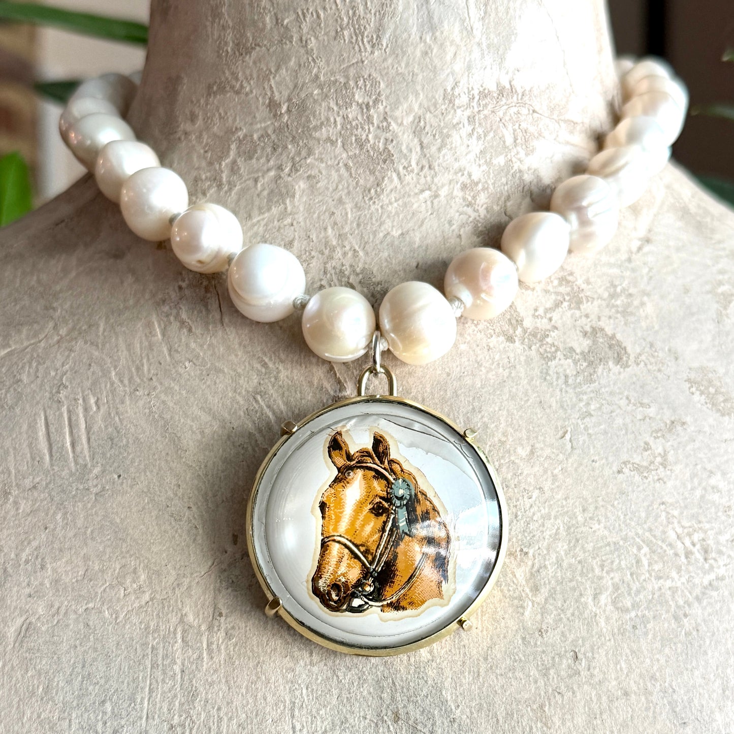 Vintage Horse Head Bridle Rosette on Pearl Necklace