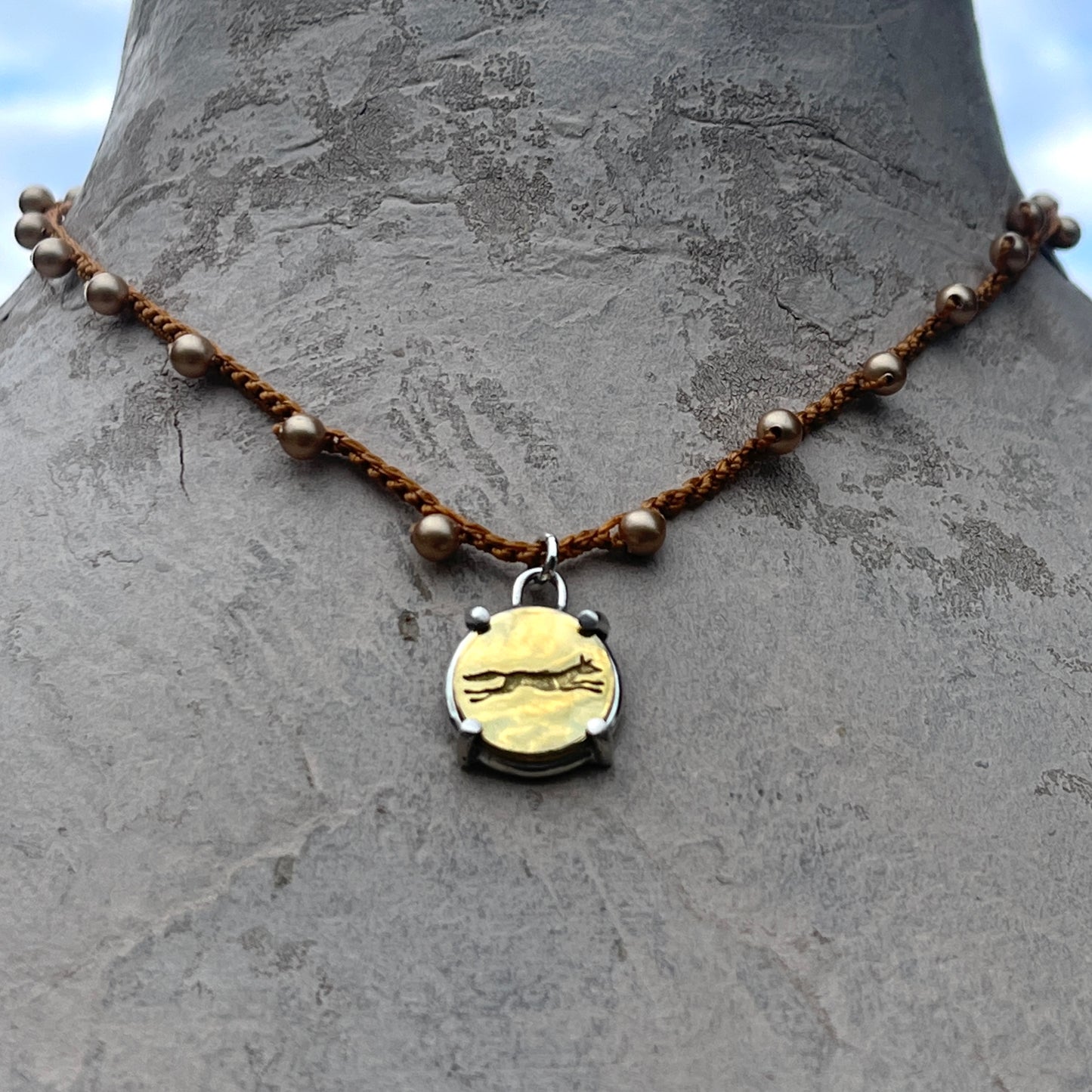 Little Lovely Brass Running Fox Button Necklace