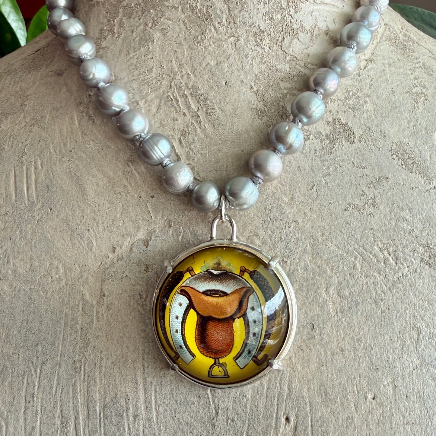 Vintage Yellow Horse Bridle Rosette on Pearl Necklace