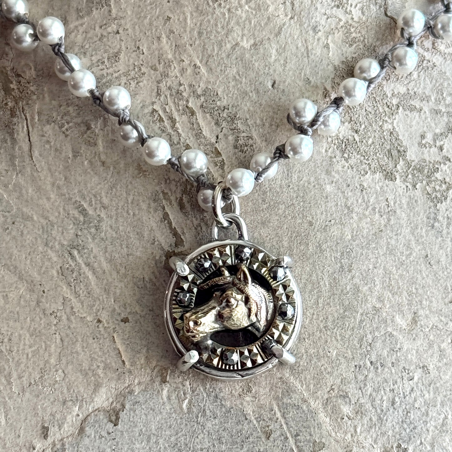 Small Cut Steel and Horse Head Button Necklace